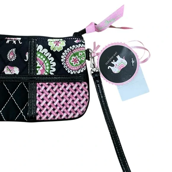 Vera Bradley Ella Wristlet Pink Elephants Black Multi Women’s Patchwork Quilted - Picture 3 of 7